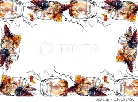 Border frame of wooden barrel kegs and grape clusters, grapevine tendrils and branches in watercolor wash and ink outline. Perfect for wine region tourism brochures, invitations, bottle or box labels 136155450