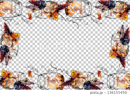 Border frame of wooden barrel kegs and grape clusters, grapevine tendrils and branches in watercolor wash and ink outline. Perfect for wine region tourism brochures, invitations, bottle or box labels 136155450