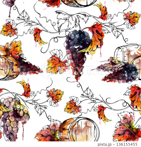 Wooden barrels paired with grape bunches and leaves on curled vines. Seamless pattern hand drawn in watercolor and ink for heritage labels, wallpaper, wrapping paper, brochures, restaurant design. Wooden barrels paired with grape bunches and leaves on curled vines. Seamless pattern hand drawn in watercolor and ink for heritage labels, wallpaper, wrapping paper, brochures, restaurant design. 136155455