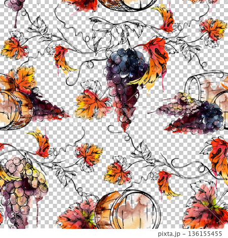 Wooden barrels paired with grape bunches and leaves on curled vines. Seamless pattern hand drawn in watercolor and ink for heritage labels, wallpaper, wrapping paper, brochures, restaurant design. Wooden barrels paired with grape bunches and leaves on curled vines. Seamless pattern hand drawn in watercolor and ink for heritage labels, wallpaper, wrapping paper, brochures, restaurant design. 136155455