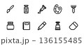 Drawing tool icons set. Paintbrushes, opened paint tube, notebook and palette. 136155485