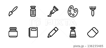 Drawing tool icons set. Paintbrushes, opened paint tube, notebook and palette. 136155485