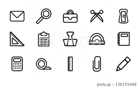 Office tools icon set. Pencil sharpener and tape, magnifying glass and ruler. Office tools icon set. Pencil sharpener and tape, magnifying glass and ruler. 136155486