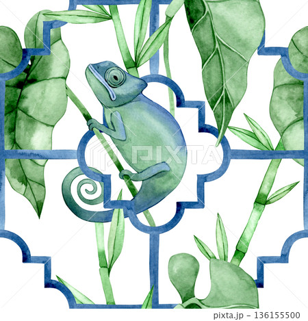 Watercolor seamless pattern with tropical leaves and a chameleon lizard on a tile background Watercolor seamless pattern with tropical leaves and a chameleon lizard on a tile background 136155500