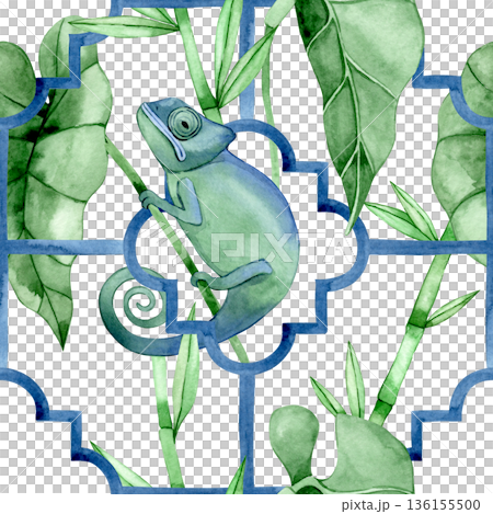 Watercolor seamless pattern with tropical leaves and a chameleon lizard on a tile background Watercolor seamless pattern with tropical leaves and a chameleon lizard on a tile background 136155500