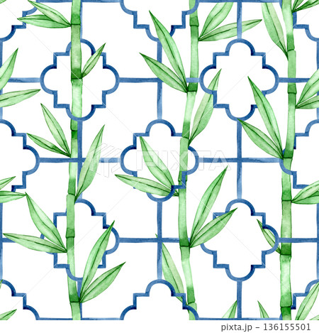 Watercolor seamless pattern with tropical bamboo on a tile ornament background Watercolor seamless pattern with tropical bamboo on a tile ornament background 136155501