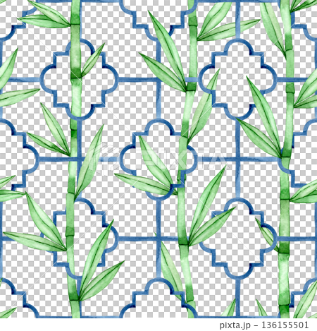 Watercolor seamless pattern with tropical bamboo on a tile ornament background Watercolor seamless pattern with tropical bamboo on a tile ornament background 136155501