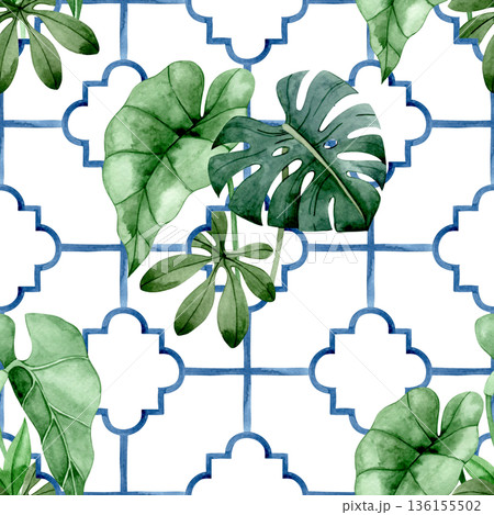 Watercolor seamless pattern with tropical leaves on a tile ornament background 136155502