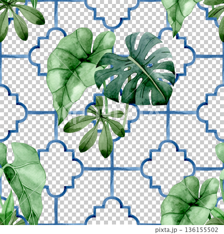 Watercolor seamless pattern with tropical leaves on a tile ornament background 136155502