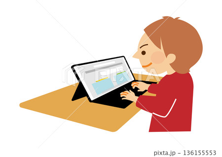 タブレット端末で授業を受ける生徒　イラスト素材 136155553