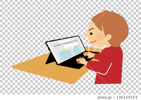 タブレット端末で授業を受ける生徒　イラスト素材 136155553