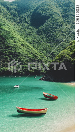 Two vibrant wooden boats resting on tranquil turquoise waters of a secluded cove, surrounded by lush green slopes of a tropical island, create a serene paradise 136156032