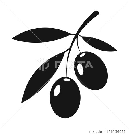 Two Olives on a Branch with Leaves Silhouette Icon for Mediterranean Food and Oil Two Olives on a Branch with Leaves Silhouette Icon for Mediterranean Food and Oil 136156051