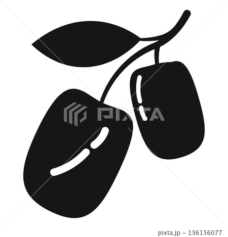 Two Plum Fruits on Branch with Leaf Silhouette Icon for Natural and Healthy Food 136156077