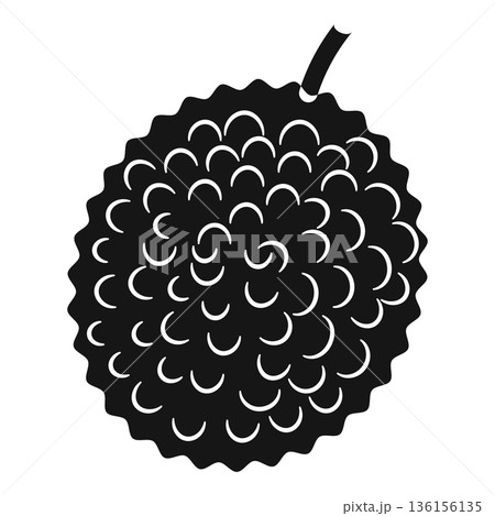 Black silhouette of a spiky lychee fruit with a stem on a white background 136156135