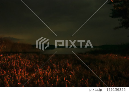 Mysterious night lake with warm grass glow and starry sky. Serene nocturnal lake with mist and subtle aurora glow Mysterious night lake with warm grass glow and starry sky. Serene nocturnal lake with mist and subtle aurora glow 136156223