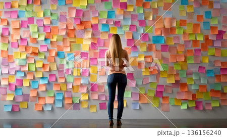 Project manager analyzing a wall covered with colorful sticky notes, trying to find a solution for a complex project with a fast approaching deadline and managing her time efficiently 136156240