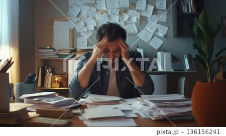 Stressed individual at a cluttered desk, surrounded by paperwork and sticky notes. The chaotic environment reflects multitasking challenges and time management pressures in a busy office setting 136156241