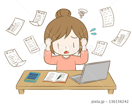 パソコンで家計簿をつける女性　確定申告で悩む女性のイラスト 136156242