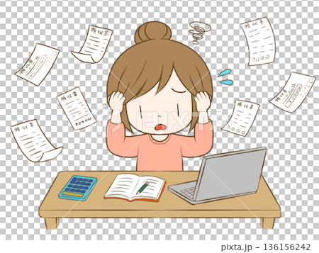 パソコンで家計簿をつける女性　確定申告で悩む女性のイラスト 136156242