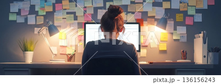 Professional sits at a cluttered desk, surrounded by sticky notes and illuminated by desk lamps, symbolizing multitasking and stress in a fast paced work environment with looming deadlines 136156243