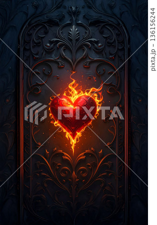 赤いハートが揺らぎ燃える　黒背景 136156244