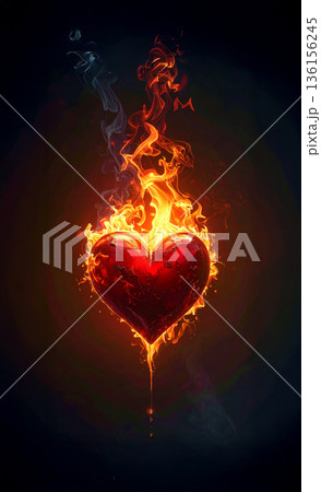 赤いハートが揺らぎ燃える　黒背景 136156245