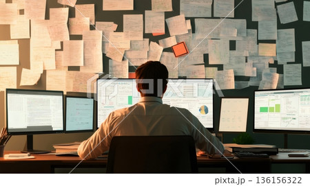 Office worker surrounded by screens and sticky notes, managing multiple tasks under tight deadlines. The scene captures the chaos and stress of modern work environments 136156322