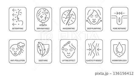 Skincare properties icons set for cosmetic labeling. Thin line pictograms, Detox, Radiance, Lifting and Hydration. Vector illustration. Skincare properties icons set for cosmetic labeling. Thin line pictograms, Detox, Radiance, Lifting and Hydration. Vector illustration. 136156412