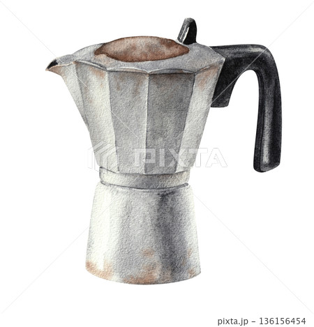 Hand drawn watercolor moka pot isolated on white background for menu design, cafe and restaurant decoration Hand drawn watercolor moka pot isolated on white background for menu design, cafe and restaurant decoration 136156454