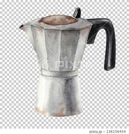 Hand drawn watercolor moka pot isolated on white background for menu design, cafe and restaurant decoration Hand drawn watercolor moka pot isolated on white background for menu design, cafe and restaurant decoration 136156454