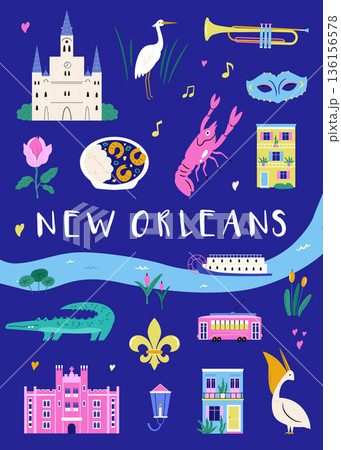 New Orleans Symbols Poster with Jazz Music, Mardi Gras, Architecture and Local Food. Cute Flat Vector Illustration 136156578