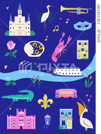 New Orleans Symbols Poster with Jazz Music, Mardi Gras, Architecture and Local Food. Cute Flat Vector Illustration 136156580