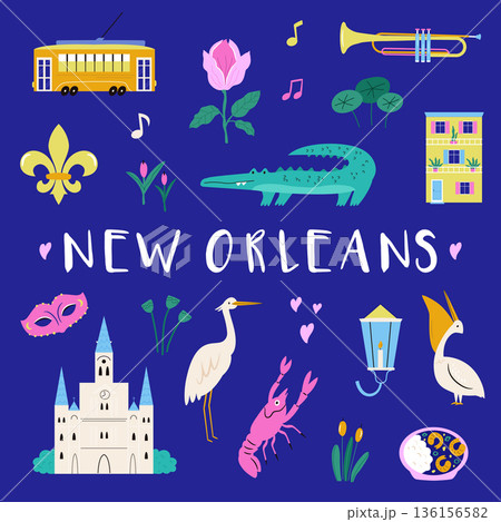 New Orleans Symbols Poster with Jazz Music, Mardi Gras, Architecture and Local Food. Cute Flat Vector Illustration 136156582