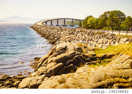 Road bridge Bolsoya, coast landscape Norway Road bridge Bolsoya, coast landscape Norway 136156642