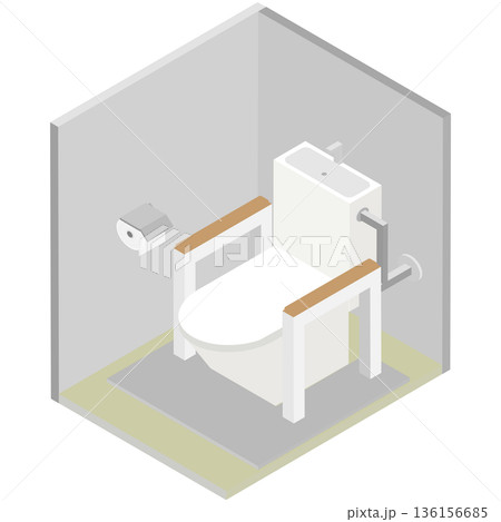 アイソメトリックなアームレスト型手すりを設置したトイレのイメージ素材 136156685