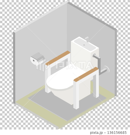 アイソメトリックなアームレスト型手すりを設置したトイレのイメージ素材 136156685