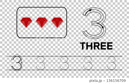 Educational worksheet teaching number three with counting icons, tracing arrows, dotted lines, handwriting practice. Clean learning design for preschool, kindergarten, homeschooling, number writing Educational worksheet teaching number three with counting icons, tracing arrows, dotted lines, handwriting practice. Clean learning design for preschool, kindergarten, homeschooling, number writing 136156709