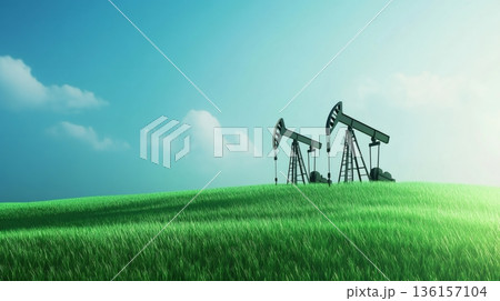 Two oil pumps are extracting petroleum in a green field under a blue sky with some clouds, representing the concept of oil industry, pollution and high prices 136157104