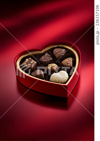 Heart shaped box filled with chocolates, a sweet Valentine's Day gift representing love and romance Heart shaped box filled with chocolates, a sweet Valentine's Day gift representing love and romance 136157106
