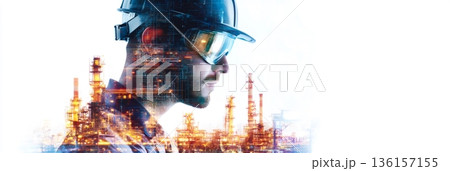 Double exposure of engineer wearing helmet and protective glasses analyzing industrial oil refinery plant at night using innovative digital interface 136157155