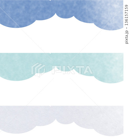 青色系のもこもこした水彩風フレームセット 手描きの上部飾り枠で清潔感のあるWebバナーに 136157159