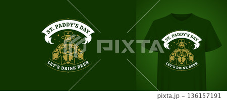 Saint Paddys Day Strong Man Beer Vector Illustration T-shirt Print Template 136157191