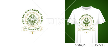 Saint Patricks Day Girl With Beer Mugs Vector Illustration T-shirt Print Template 136157215