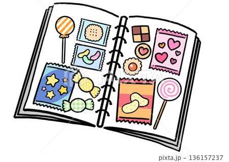 お菓子を集めたかわいいお菓子帳のイラスト お菓子を集めたかわいいお菓子帳のイラスト 136157237