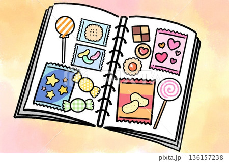 お菓子を集めたかわいいお菓子帳のイラスト(背景付き) 136157238