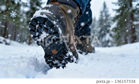 Step Marks In Fresh Snow Through Woodland, Footprints Pressed Into Icy Forest Floor Amidst Falling Snow, Deep Impressions Left By Boots On Snowy Woodland Trail Surrounded By Pine Trees 136157338