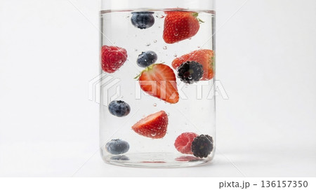 Various colorful fresh berries including strawberries, blueberries, raspberries, and blackberries, sinking into clear water with bubbles, creating a healthy and refreshing drink concept 136157350