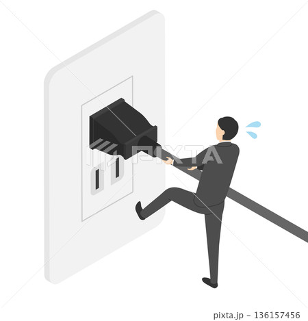 コンセントを引き抜こうとする会社員男性・アイソメトリック 136157456