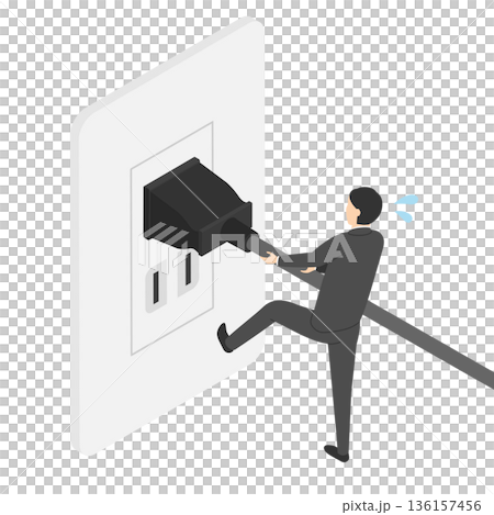 コンセントを引き抜こうとする会社員男性・アイソメトリック 136157456